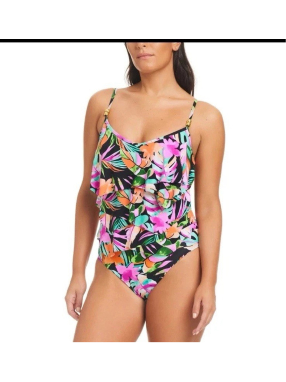 Beyond Control Bora Bora Bay Overlay One-Piece Swimsuit 14 Black Tropical Beach